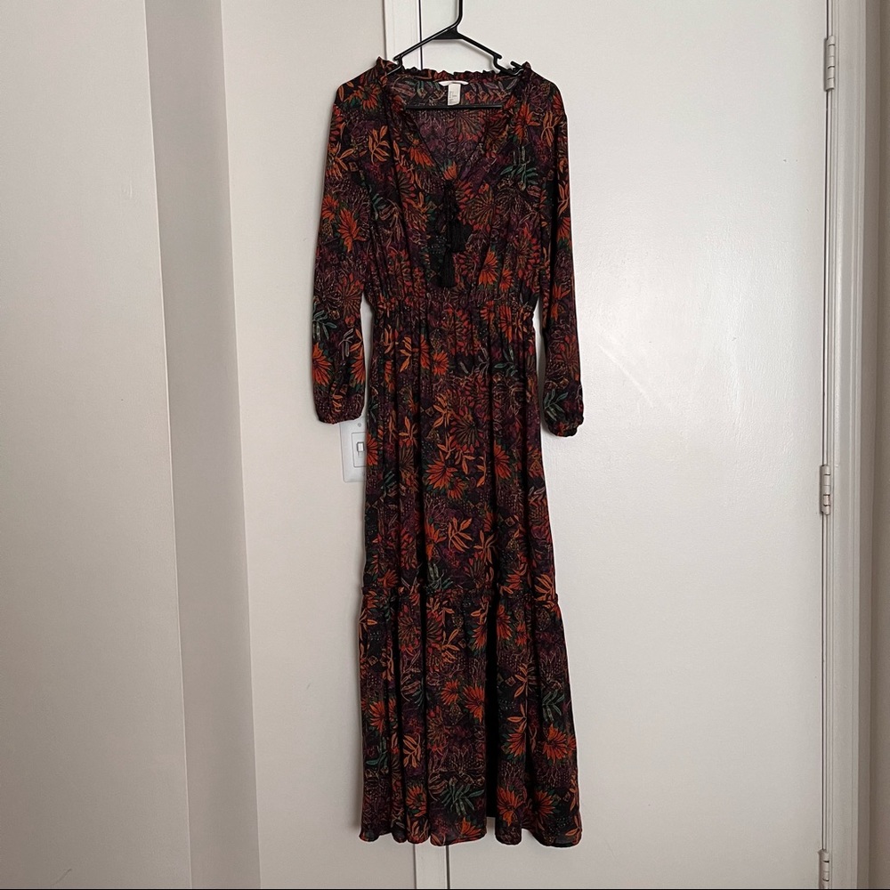 Long Sleeve Floral Maxi Dress in Black and Autumn Hues